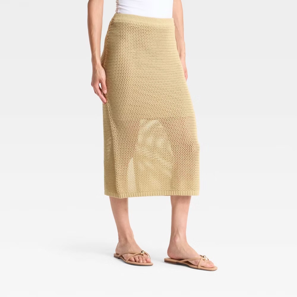 Women's Crochet-Style Pointelle Midi Sweater Skirt - A New Day Tan S
